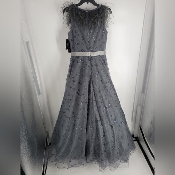 Basix Charcoal Feather Trim Sequin Sleeveless A Line Gown 6 - Picture 10 of 16